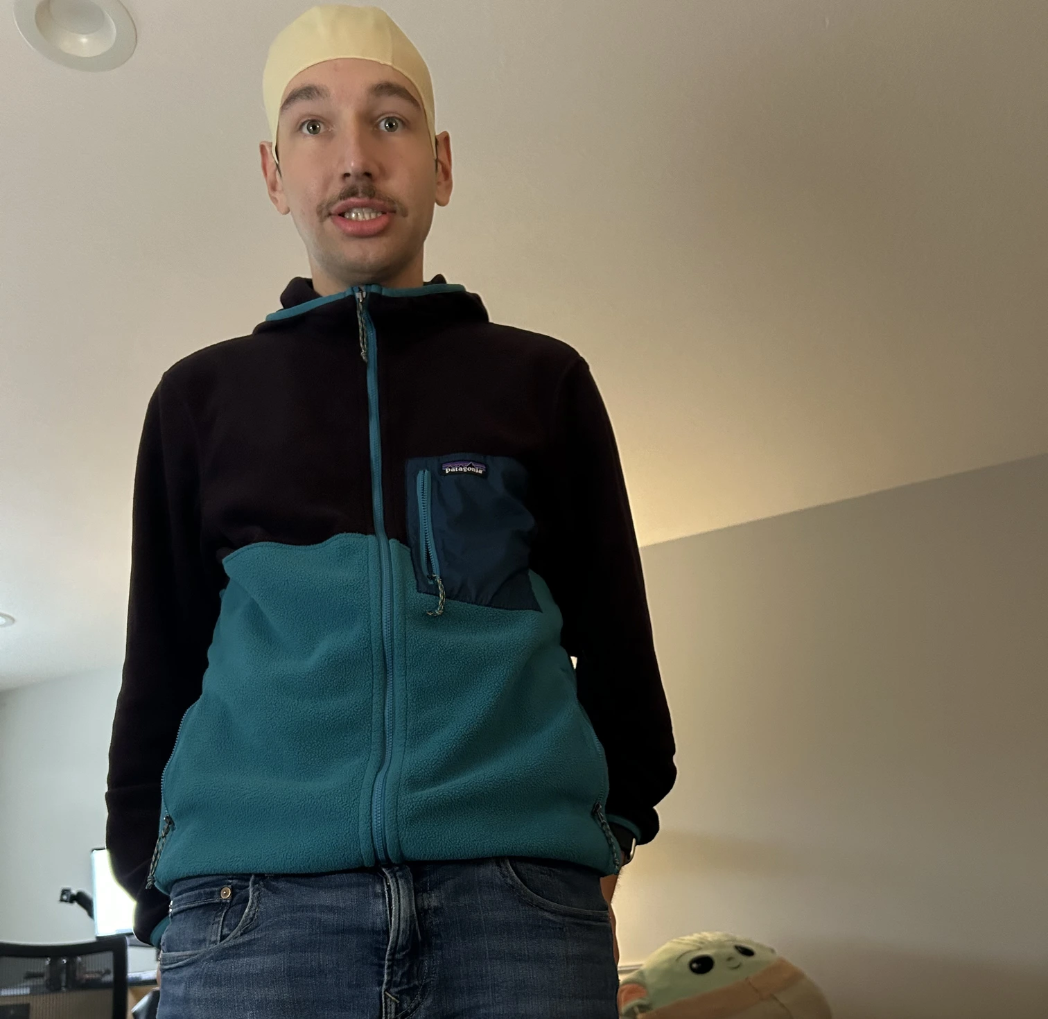 Ethan wearing a bald cap